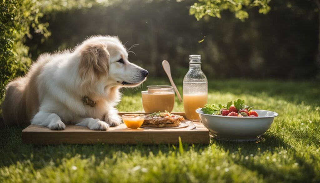 Ein schwangere Hund isst eine ausgewogene Mahlzeit in einem ruhigen Garten.