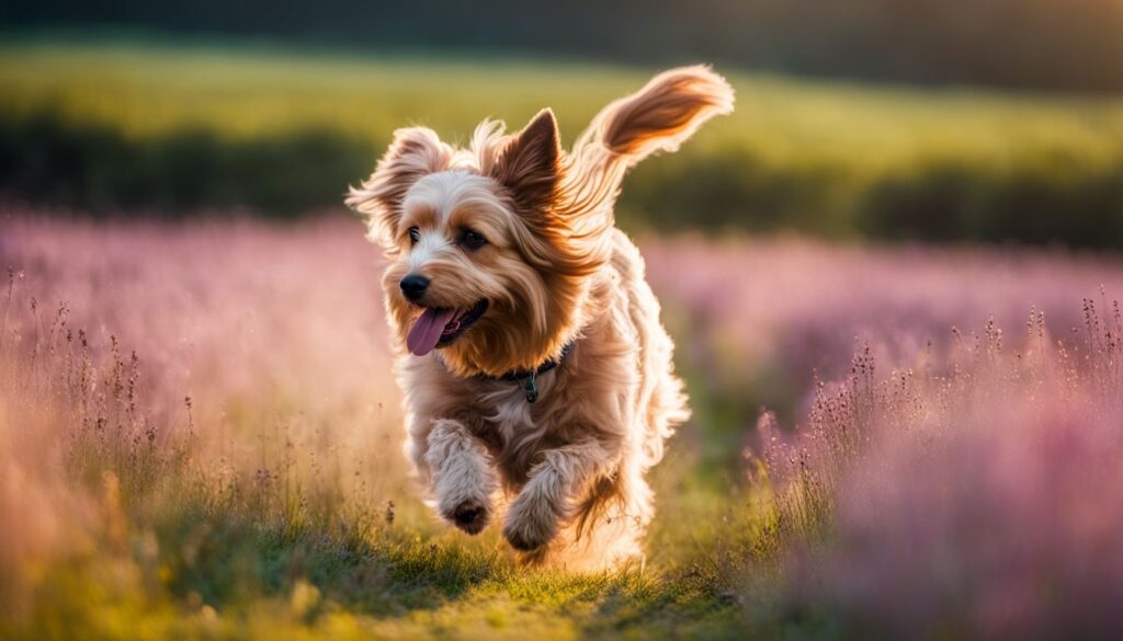Ein verspielter Doodle Hund rennt durch ein farbenfrohes Feld.