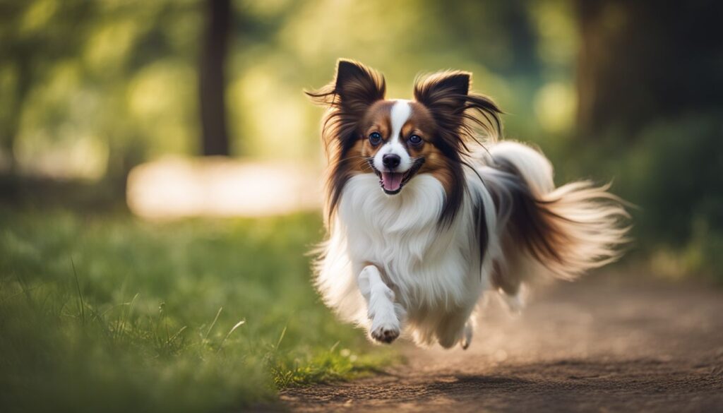 Ein verspielter Papillon Hund rennt fröhlich durch einen grünen Park.