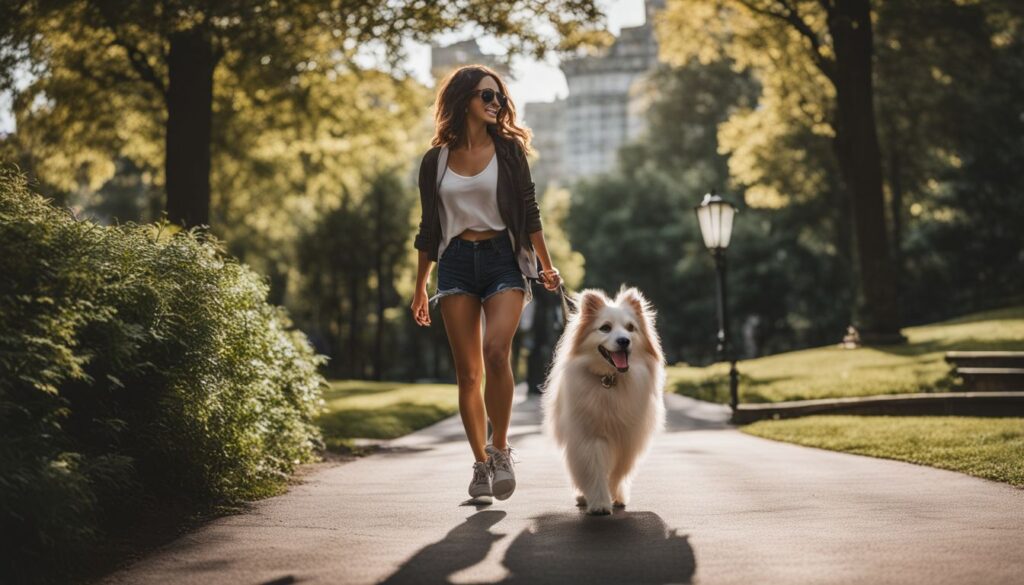 Frau mit Hund in der Stadt