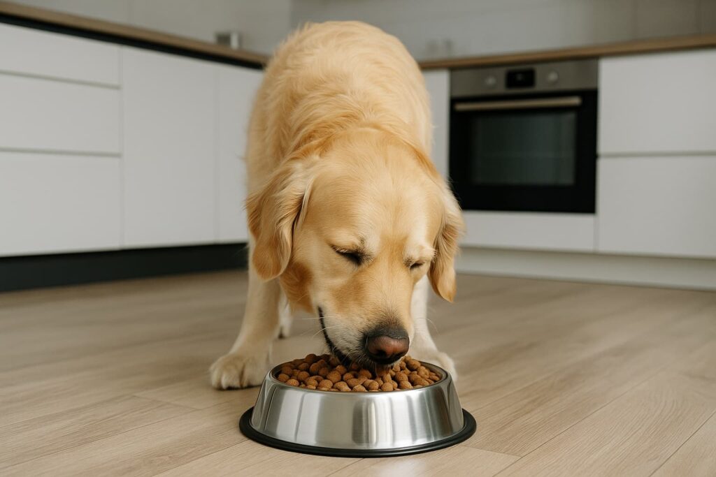 Ein Golden Retriever frisst zufrieden Trockenfutter aus einem Napf in einer modernen Küche.