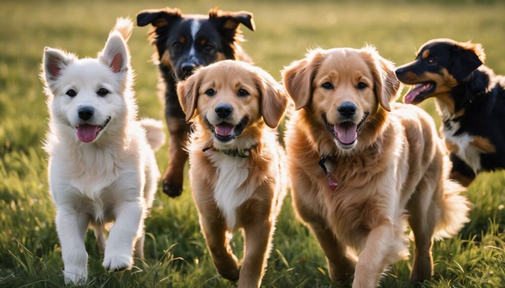 Eine Gruppe verschiedener Hunderassen spielt auf einem grasbewachsenen Feld.