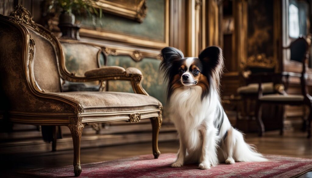 Ein Papillon-Hund steht umgeben von antiken Möbeln in einer königlichen Umgebung.