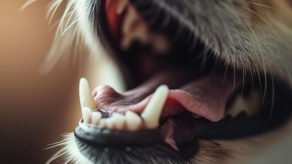 Ein Makrofoto eines Hundemundes mit Fokus auf Zahnhygiene.