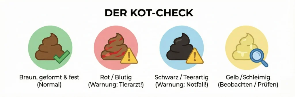 Grafik: Kot-Farben und Bedeutung. Braun (Normal), Rot (Blut/Enddarm), Schwarz (Blut/Magen), Gelb/Schleimig (Giardien/Futter).