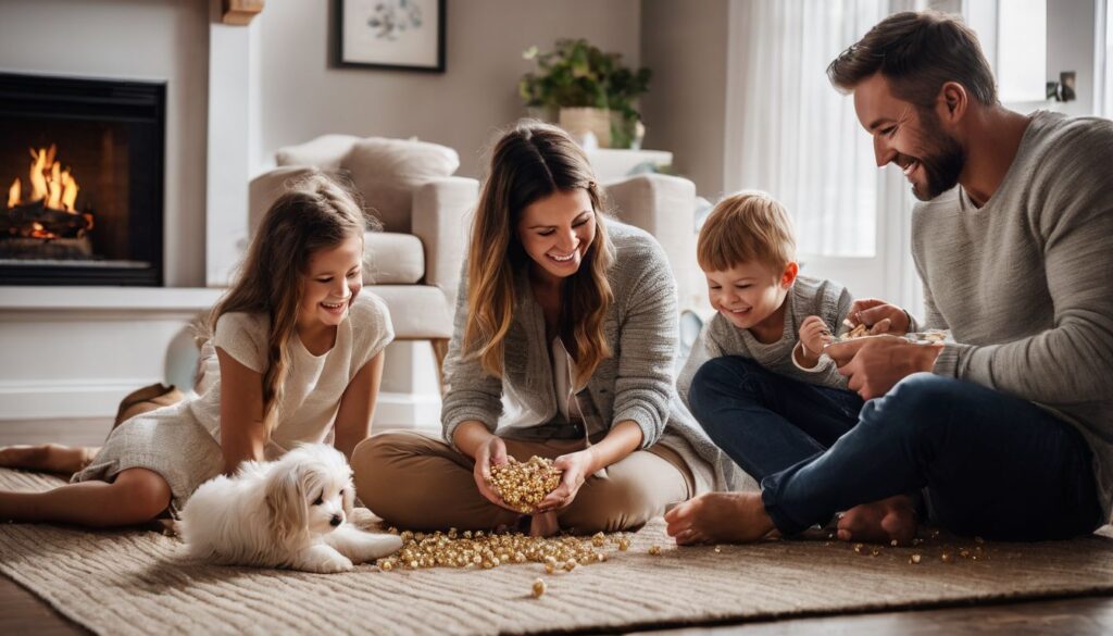 Eine glückliche Familie spielt mit ihrem Malteser in einem gemütlichen Wohnzimmer.