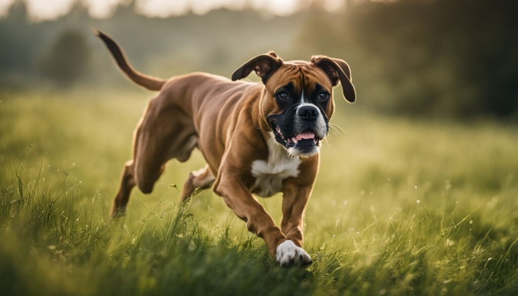 Ein verspielter Boxer Hund rennt durch eine grüne Wiese.