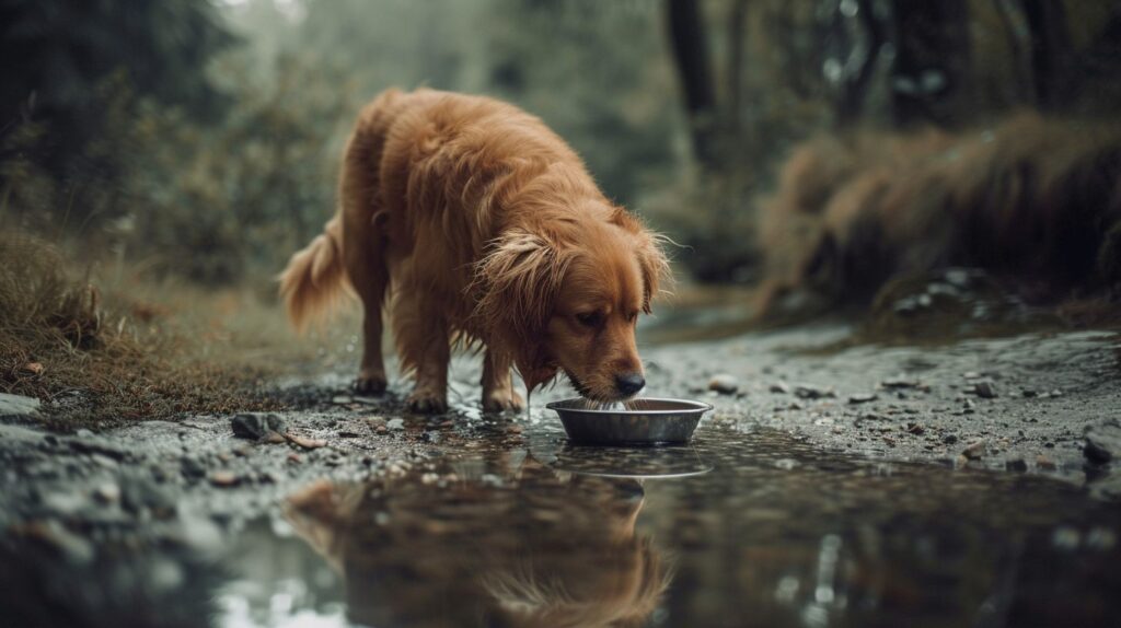 Ein Hund mit Diabetes trinkt Wasser aus einer Schüssel in natürlicher Umgebung.