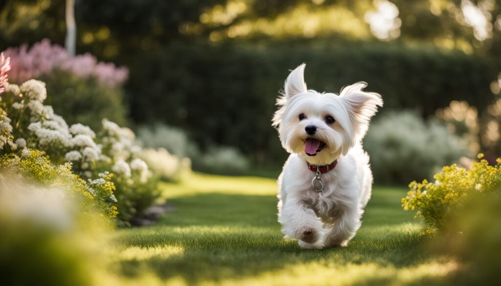 Ein Malteser Hund spielt fröhlich in einem üppigen Garten.