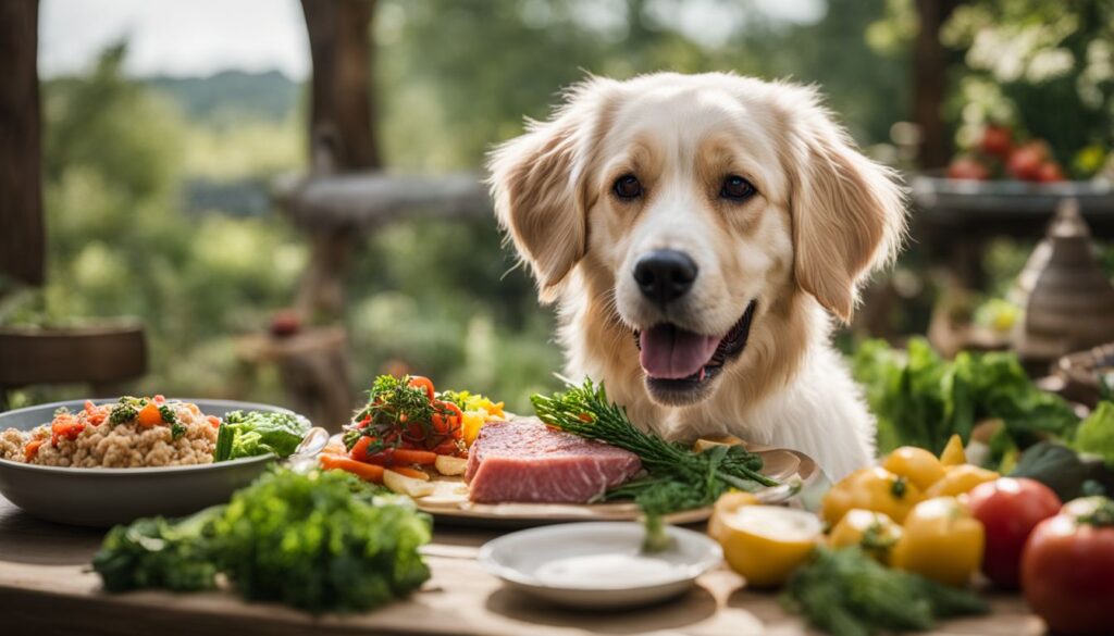 Ein Hund genießt eine Mahlzeit aus Thunfisch und frischem Gemüse.