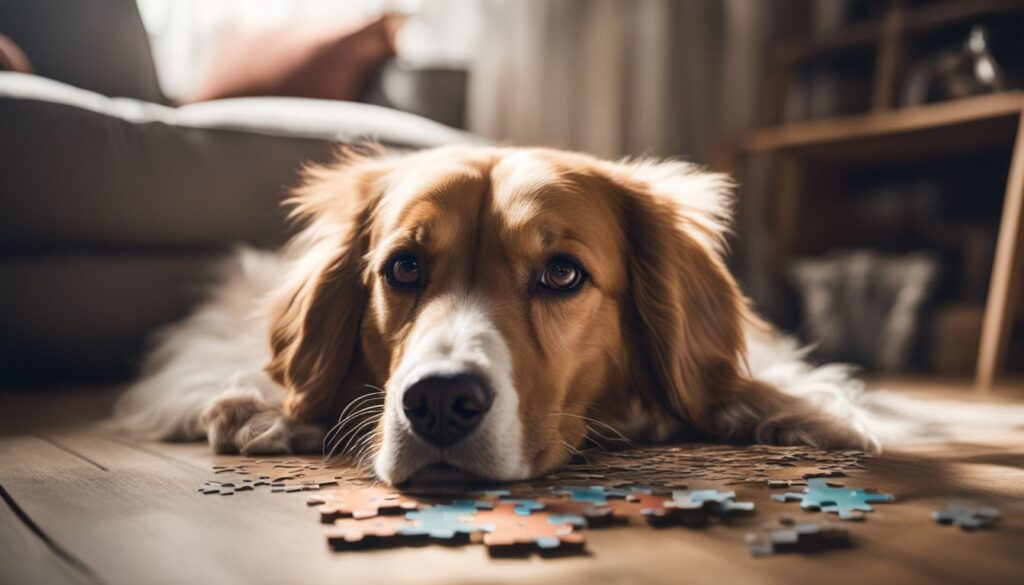 Ein Hund löst drinnen ein interaktives Puzzle mit Spielzeug.