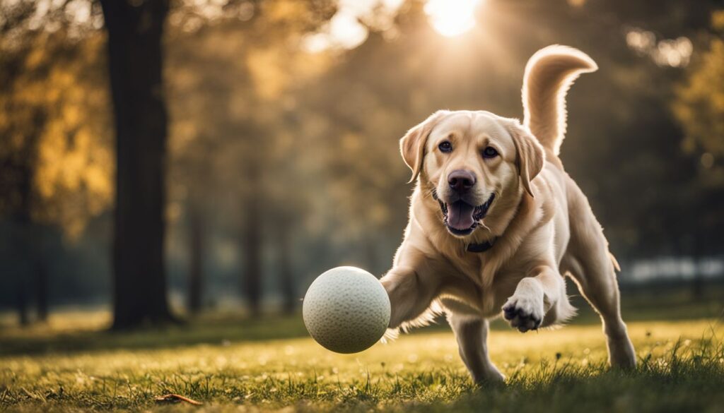 Ein Labrador Retriever holt einen Ball in einem belebten Park.