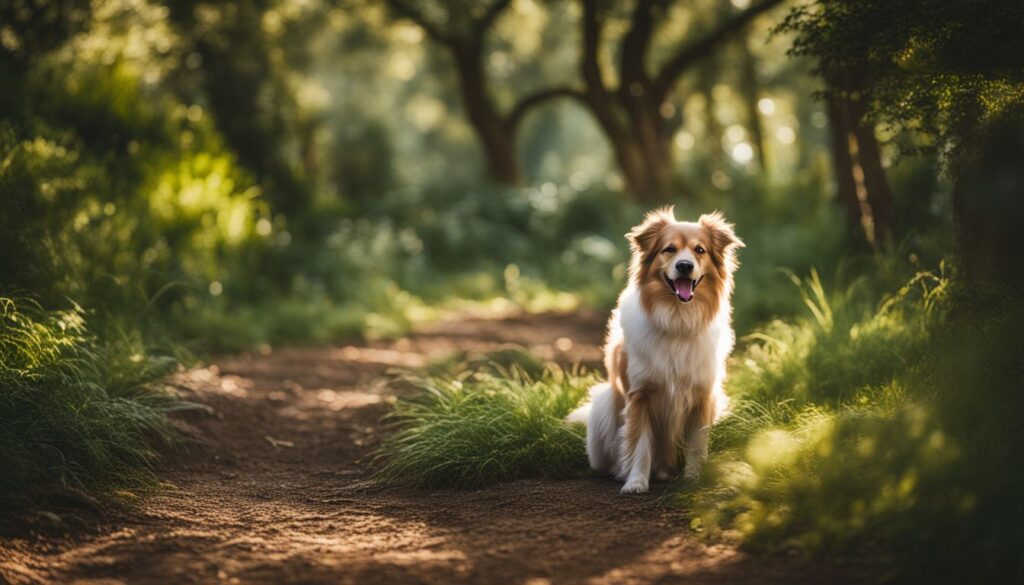 Ein gesunder, aktiver weiblicher Hund in einer grünen, üppigen Naturumgebung.