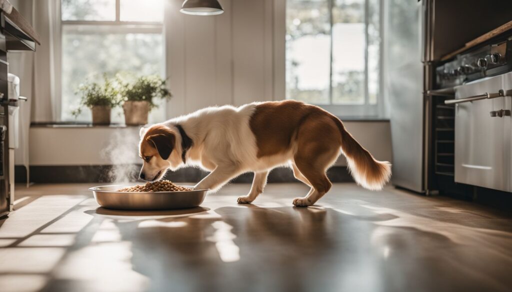 Ein Hund frisst fröhlich Trockenfutter in einer sauberen, gut beleuchteten Küche.