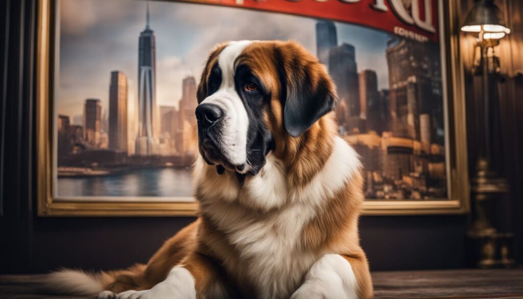 Ein niedlicher St. Bernard Hund sitzt vor einem klassischen Filmplakat.