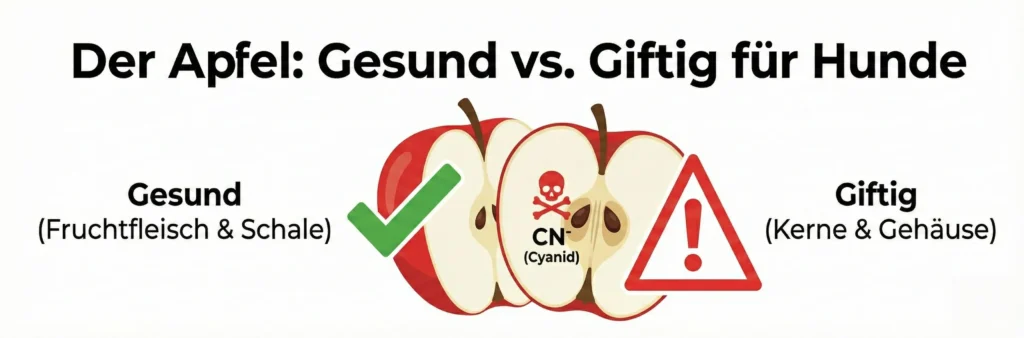 Grafik eines Apfels im Querschnitt. Grüner Haken an Fruchtfleisch und Schale. Rotes Kreuz an Kerngehäuse und Stiel. Text: 'Kerne enthalten Blausäure'.