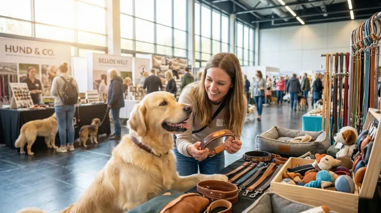 Besucher mit Hund auf einer Hundemesse