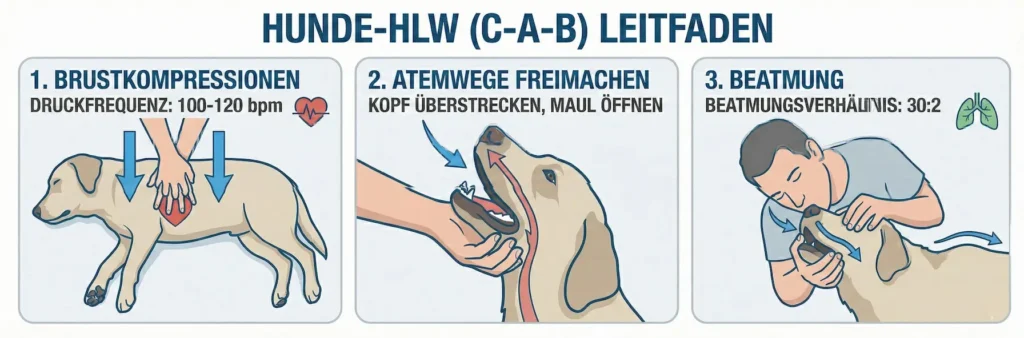 Grafik C-A-B Schema: 1. Hund in Seitenlage. 2. Hände über dem Herz. 3. Frequenz 100-120bpm. 4. Beatmung Mund-zu-Nase.
