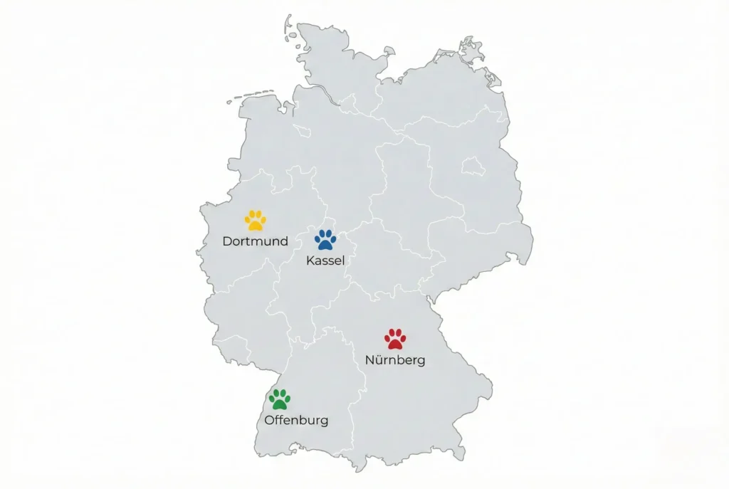 Deutschlandkarte mit markierten Standorten der wichtigsten Hundemessen 2026