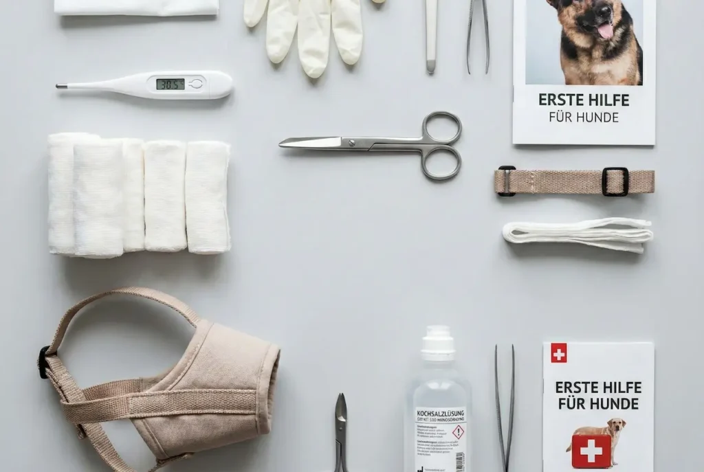 Offenes Erste-Hilfe-Set: Polsterwatte, selbsthaftende Binden, Zeckenzange, Thermometer, Maulschlinge.