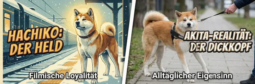 Vergleichsbild: Links Filmplakat-Stil, Rechts realistische Darstellung der Rasse beim Training.