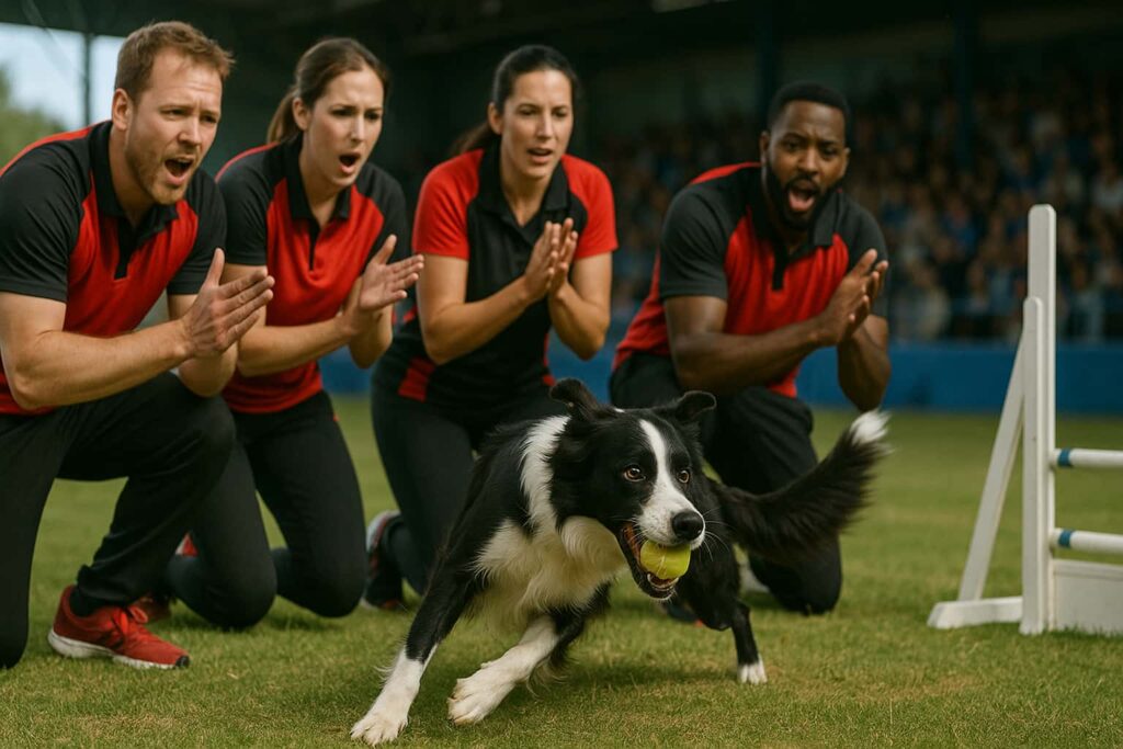 Ein Flyball-Team feuert einen Hund an, der gerade auf die Bahn startet.