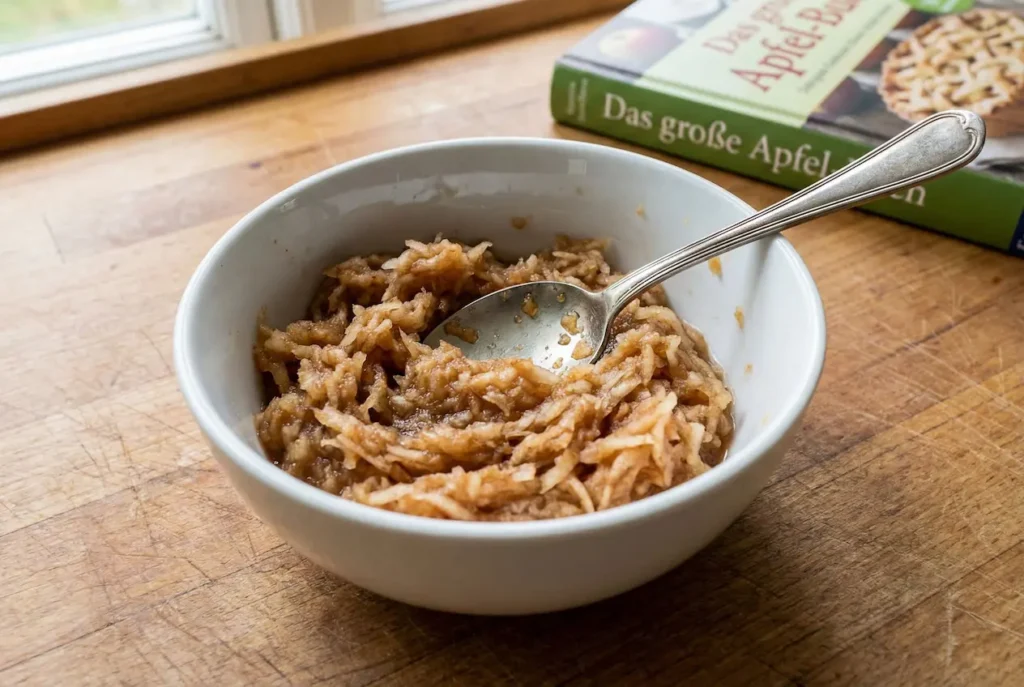 Küchenreibe und Teller mit fein geriebenem Apfel, der sich bereits bräunlich verfärbt. Daneben ein Löffel.