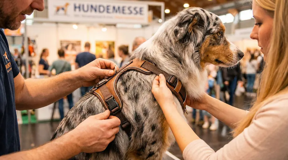 Hund bekommt auf einer Messe ein passendes Geschirr angepasst