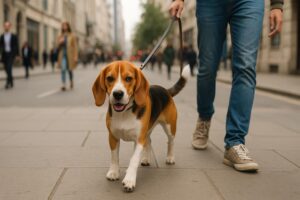 Ein mittelgroßer Hund wird an der Leine in einer Stadt Gassi geführt.