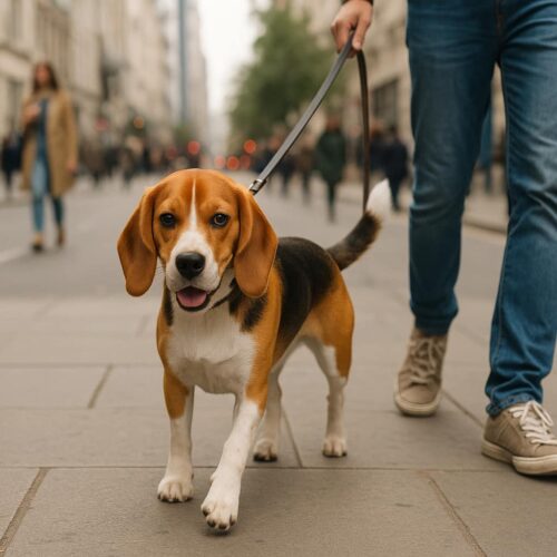 Ein mittelgroßer Hund wird an der Leine in einer Stadt Gassi geführt.