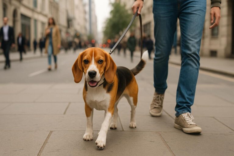 Ein mittelgroßer Hund wird an der Leine in einer Stadt Gassi geführt.