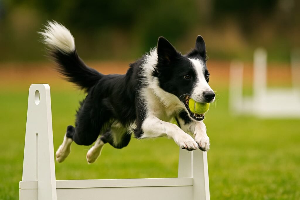 Ein agiler Hund im vollen Sprint beim Flyball, der gerade über eine Hürde springt.