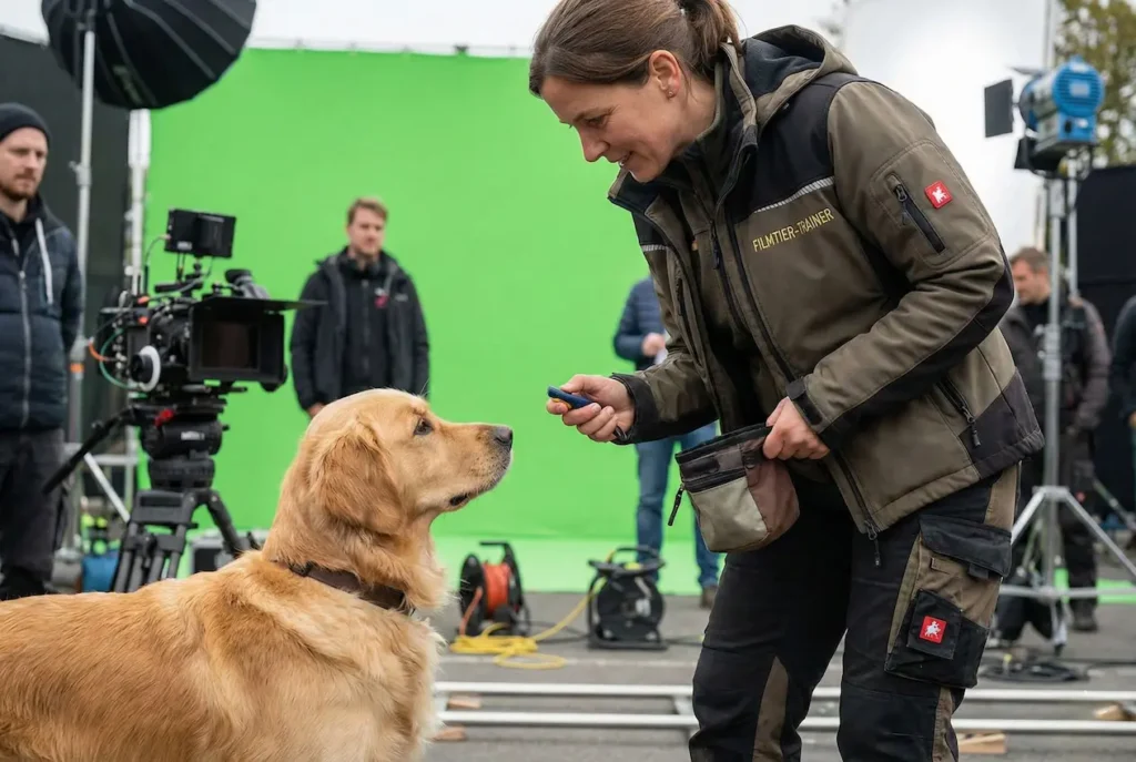 Ein Hund am Filmset, blickt nicht in die Kamera, sondern zum Trainer, der ein Spielzeug hält.