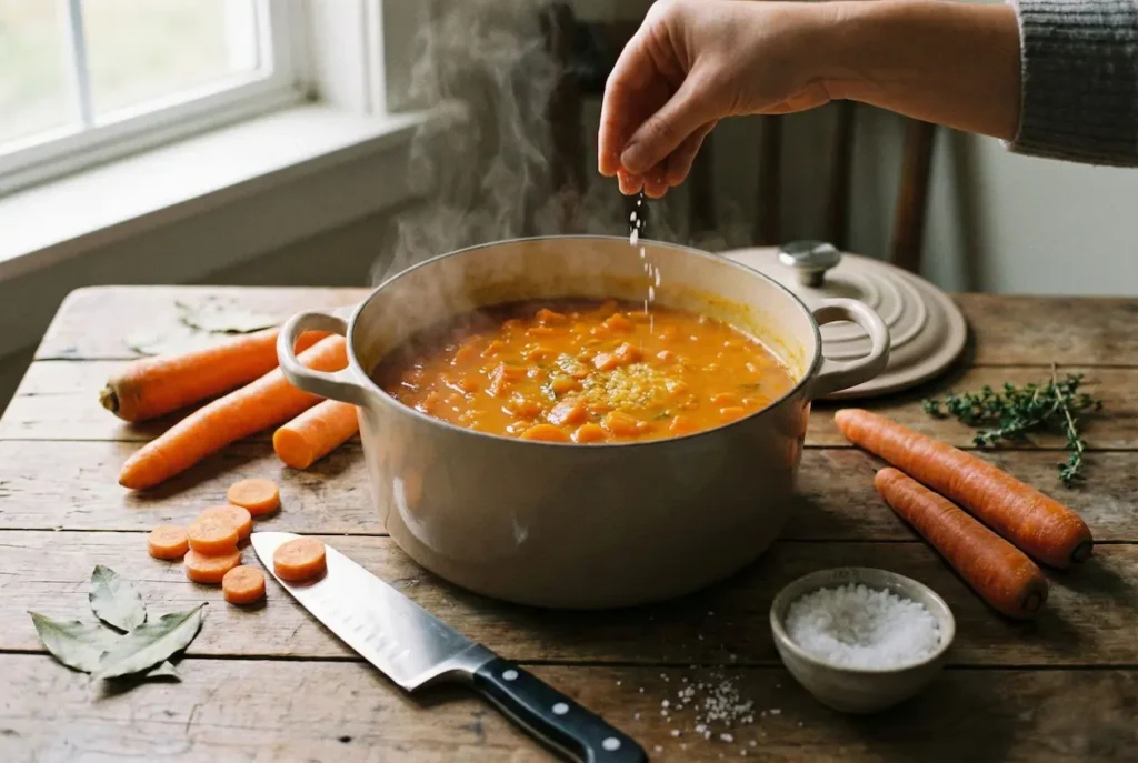 Topf mit kochenden Karotten, daneben Pürierstab und Salz. Fokus auf einfache Zubereitung.