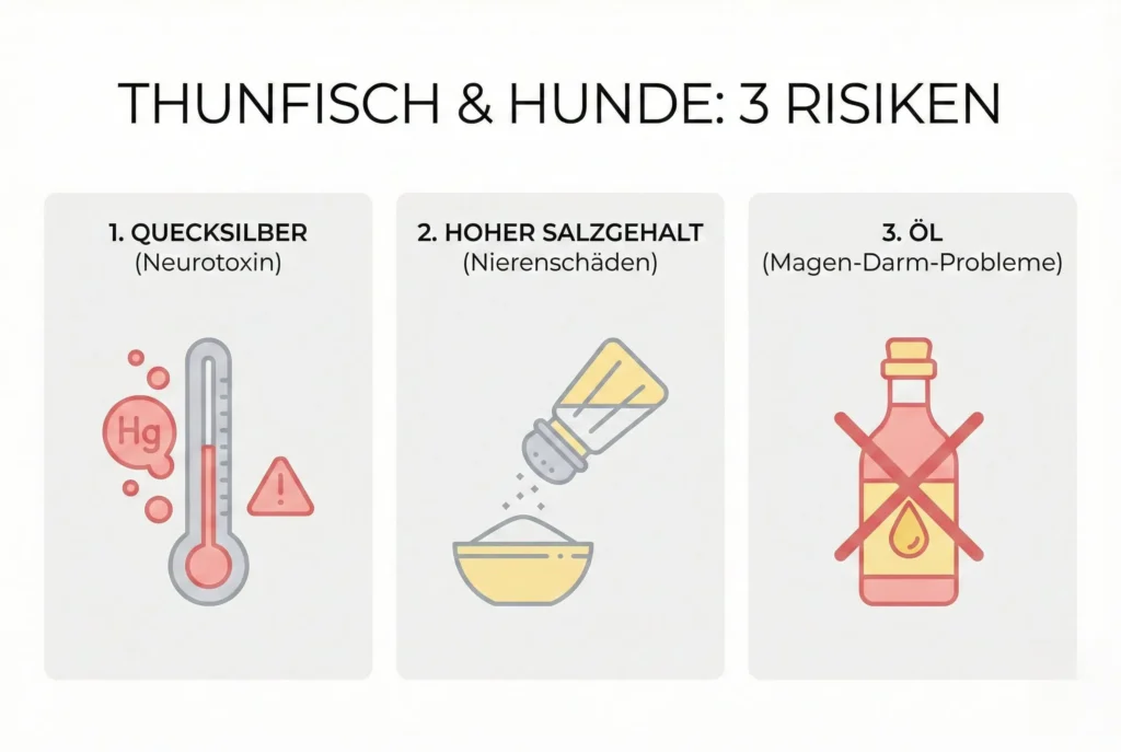 Infografik zu den Risiken von Thunfisch für Hunde: Quecksilber, Salz und Öl visualisiert