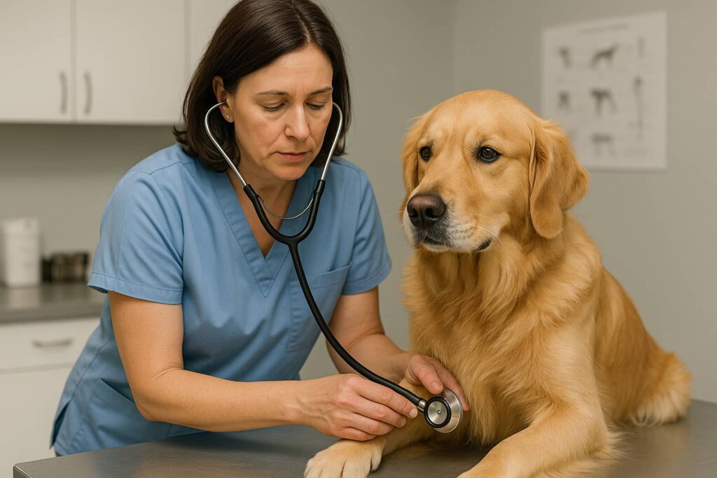 Tierärztin untersucht einen Golden Retriever mit einem Stethoskop auf dem Behandlungstisch.