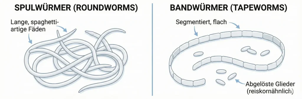 Vergleichsgrafik: Links Spulwurm (lang, rund, spaghetti-artig). Rechts Bandwurmglied (kurz, flach, reiskorn-artig). Text: Symptom Juckreiz vs. Symptom Abmagerung