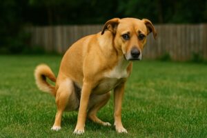 Ein Hund mit Verstopfung versucht Kot abzulassen, was nicht gelingt.