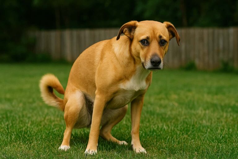 Ein Hund mit Verstopfung versucht Kot abzulassen, was nicht gelingt.