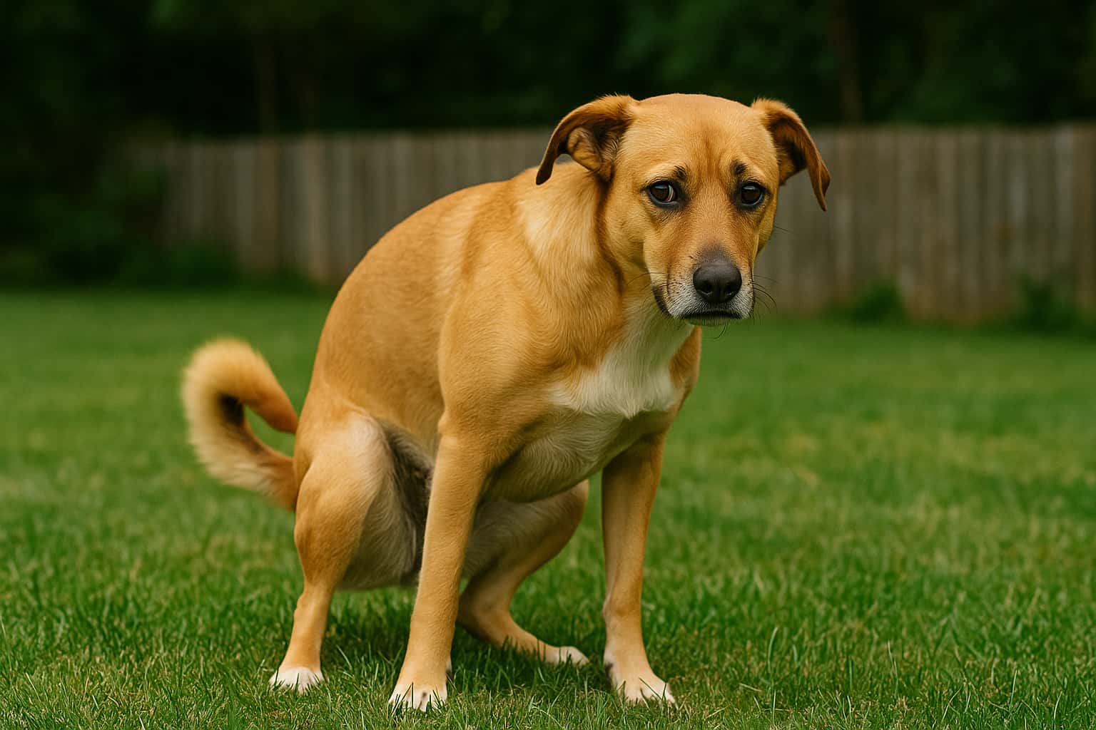 Ein Hund mit Verstopfung versucht Kot abzulassen, was nicht gelingt.
