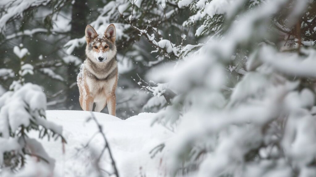 Ein Alaskan Klee Kai steht in einem schneebedeckten Wald.