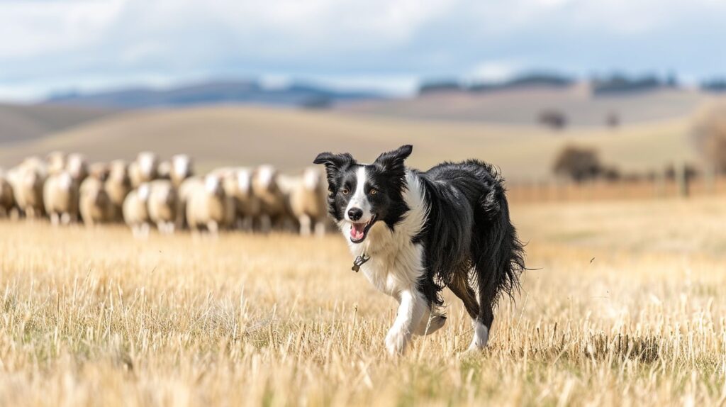 Ein Border Collie hütet eine Schafherde auf weitem Feld.