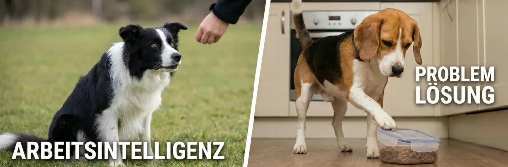 Vergleichsbild: Border Collie (fokussiert, wartet auf Kommando) neben einemanderen Hund (entspannt, eigenständig). Text: Arbeitswille vs. Gemütlichkeit.