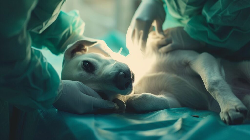 Ein Tierarzt führt eine Hunde-Kastration durch.