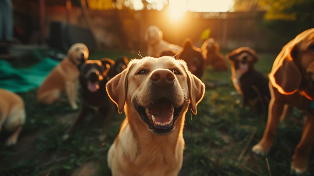 Eine Gruppe verspielter und kinderfreundlicher Hunderassen in einer farbenfrohen und unterhaltsamen Außenumgebung.