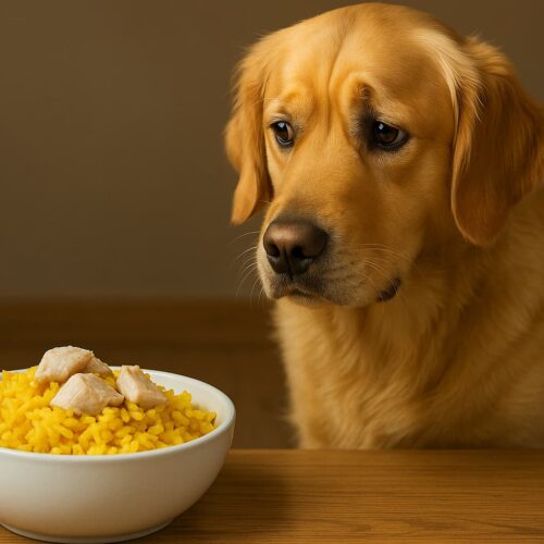 Besorgter Golden Retriever schaut auf eine Schüssel mit gelbem Reis und Hühnchen, was die Symptome bei gelbem Kot durch Futterumstellung symbolisiert.