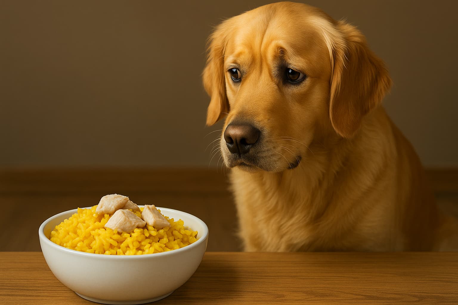 Besorgter Golden Retriever schaut auf eine Schüssel mit gelbem Reis und Hühnchen, was die Symptome bei gelbem Kot durch Futterumstellung symbolisiert.