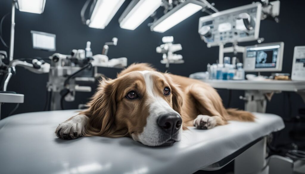 Ein Hund liegt auf dem Operationstisch in einer Tierarztpraxis.