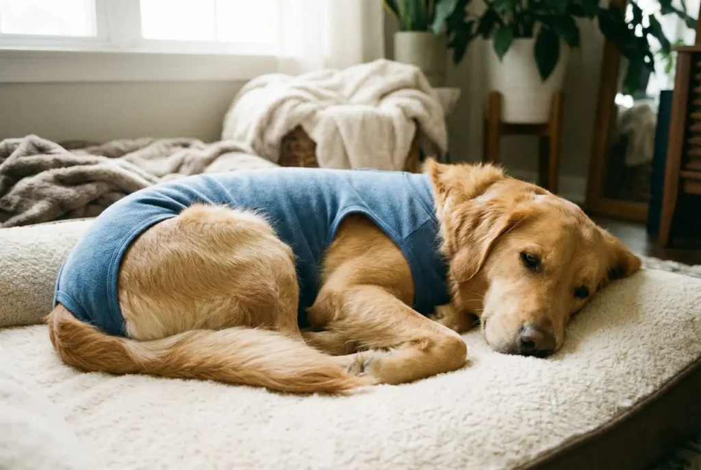 Hund liegt entspannt im OP-Body auf seiner Decke. Body schützt die Bauchwunde besser als ein Trichter.