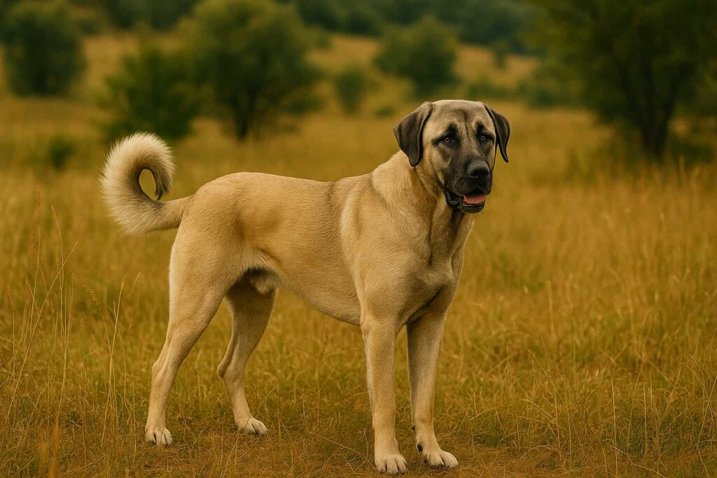 ein großer und stolzer Kangal-Hirtenhund von der Seite im trockenen Gras.